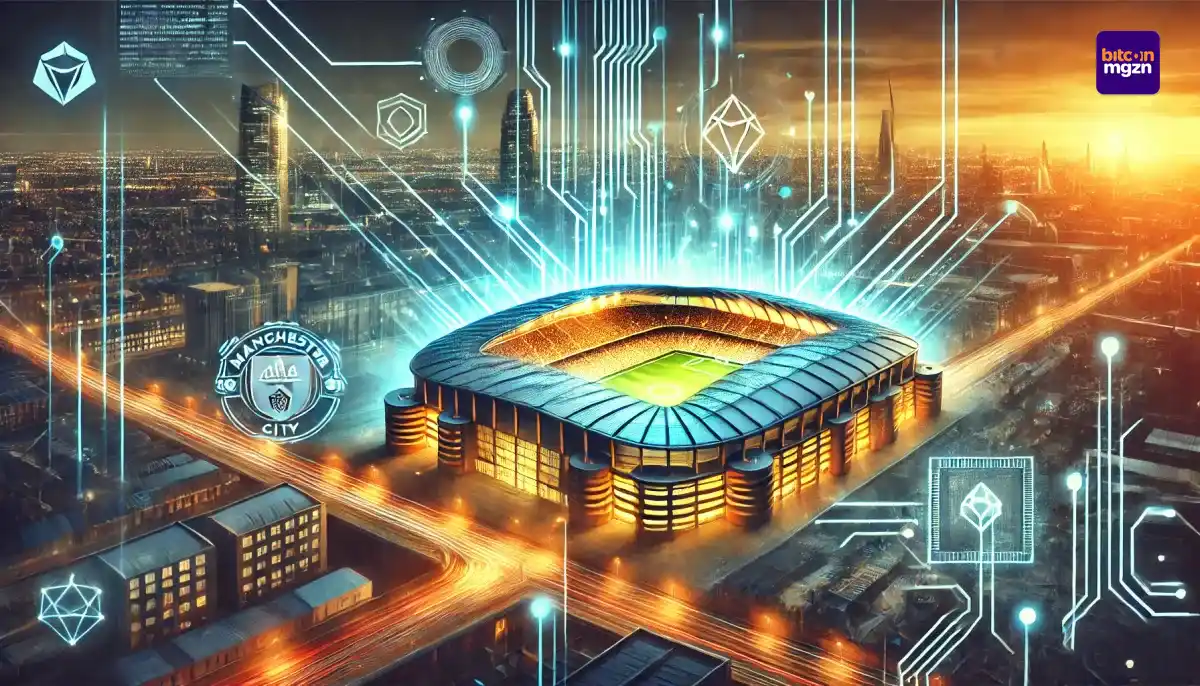 'Innovatieve samenwerking tussen crypto en voetbal met een stadion en blockchain-elementen in Manchester.