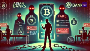 Illustratie van cryptoscam met man, nep-app, banklogo’s en waarschuwingen