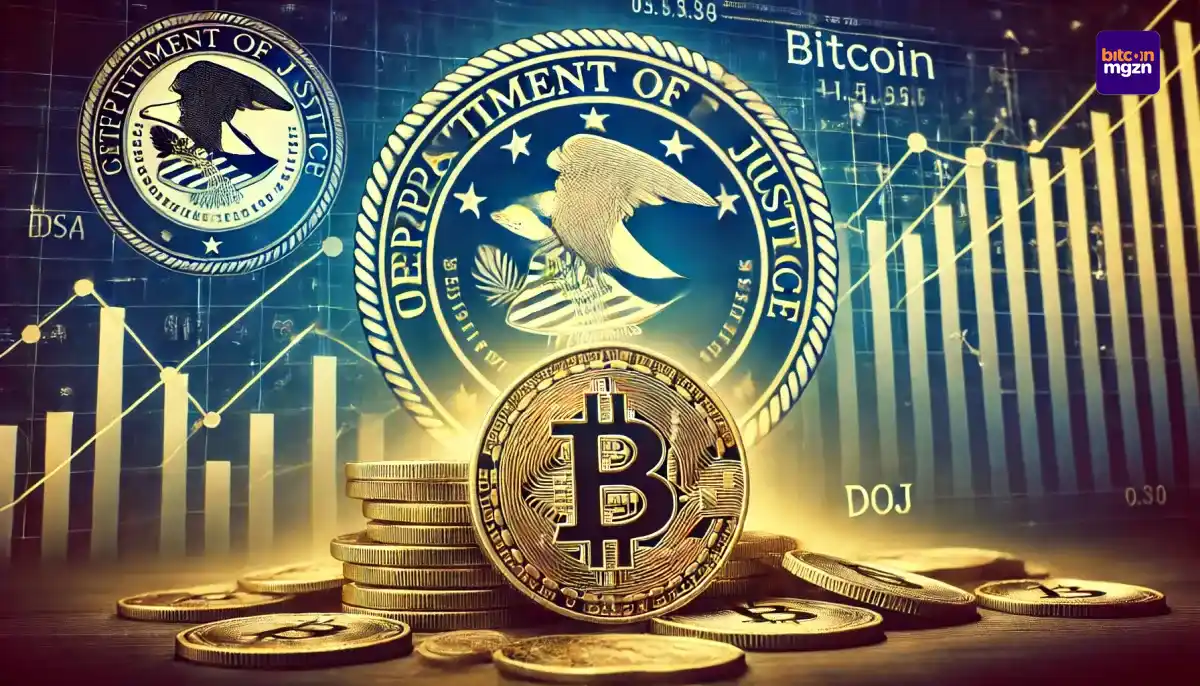 Visualisatie van 69.000 Bitcoin met marktdalingen en het logo van de Amerikaanse DoJ, symbolisch voor de potentiële koersimpact op de cryptomarkt.