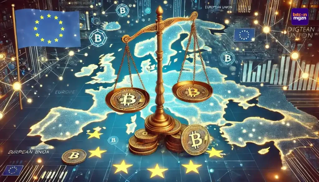 EU-regelgeving op Bitcoin-transacties met een Europese kaart, blockchain-netwerken en een balans die privacy en regulering symboliseert.