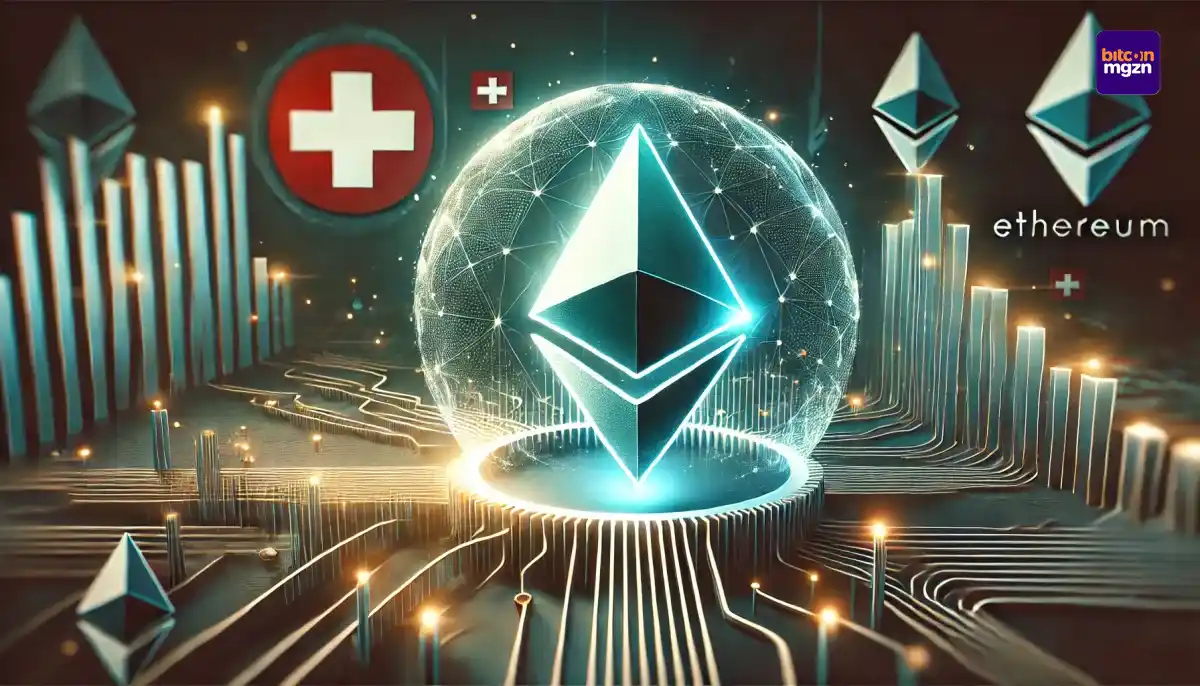 Ethereum staking uitgebeeld in een futuristisch netwerk met Zwitserse precisie en innovatie, aangeboden door PostFinance.