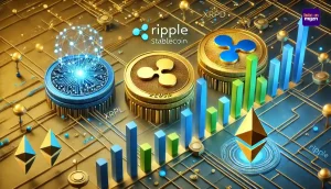 Futuristische illustratie van Ripple's RLUSD stablecoin, met blockchain-elementen en een grafiek die groei op Ethereum en XRPL laat zien.