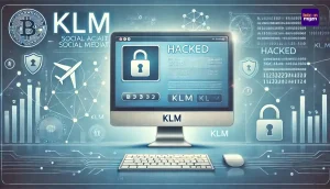 Illustratie van een computerscherm met een gehackt socialmedia-account van KLM, omgeven door cybersecurity-symbolen zoals een slot en netwerklijnen, zonder cryptosymbolen.