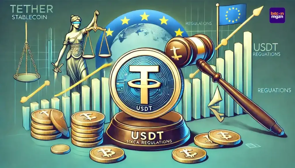 Een professionele illustratie die Tether's USDT stablecoin toont te midden van MiCA-regelgeving, met Tether's logo, een grafiek van markttrends, en EU-reguleringssymbolen op de achtergrond.