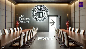 Neutrale conferentiezaal met Federal Reserve-logo, symbool voor beleidswijzigingen.