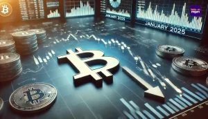 Grafiek met dalende trend van Bitcoin ETF-uitstroom in januari 2025, omringd door beleggingsdata.