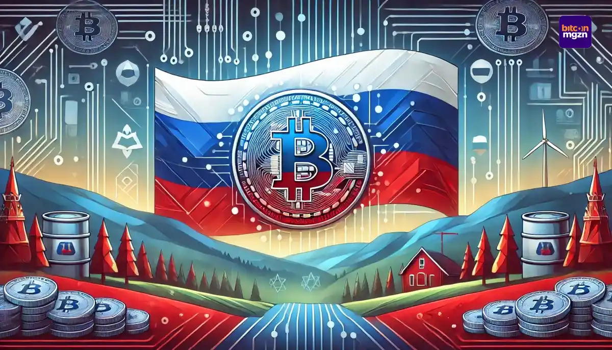 Russische vlag met een digitale munt en blockchain-icoon, die de nieuwe registratieplicht voor crypto-transacties symboliseert.