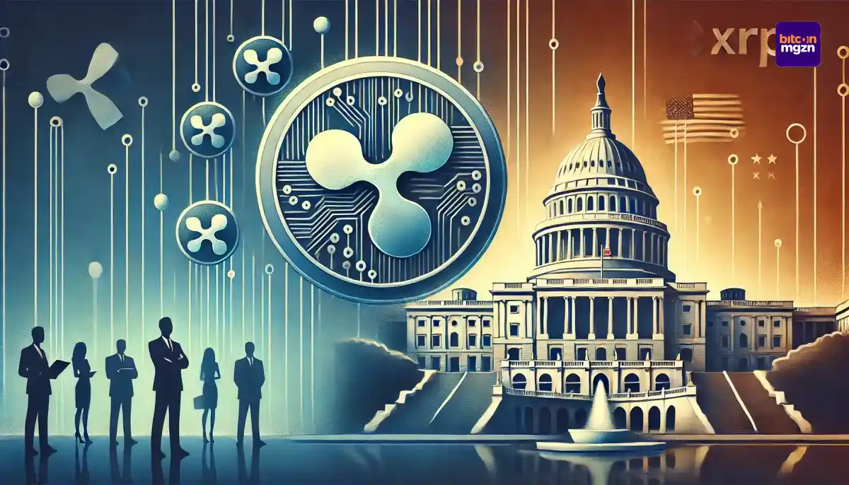 'Abstracte weergave van Ripple\u2019s politieke connecties met XRP-munten en een Capitol-silhouet als symbool van politiek.