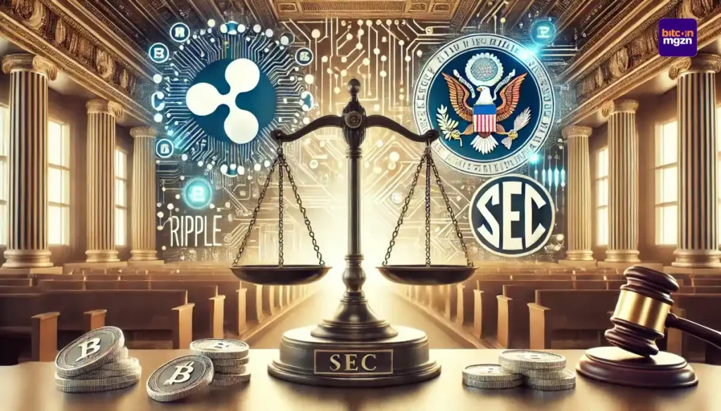Een balans met Ripple- en SEC-logo's, symboliserend de spanning in de Ripple vs SEC-rechtszaak. Achtergrond met blockchain-ontwerp en digitale munten.