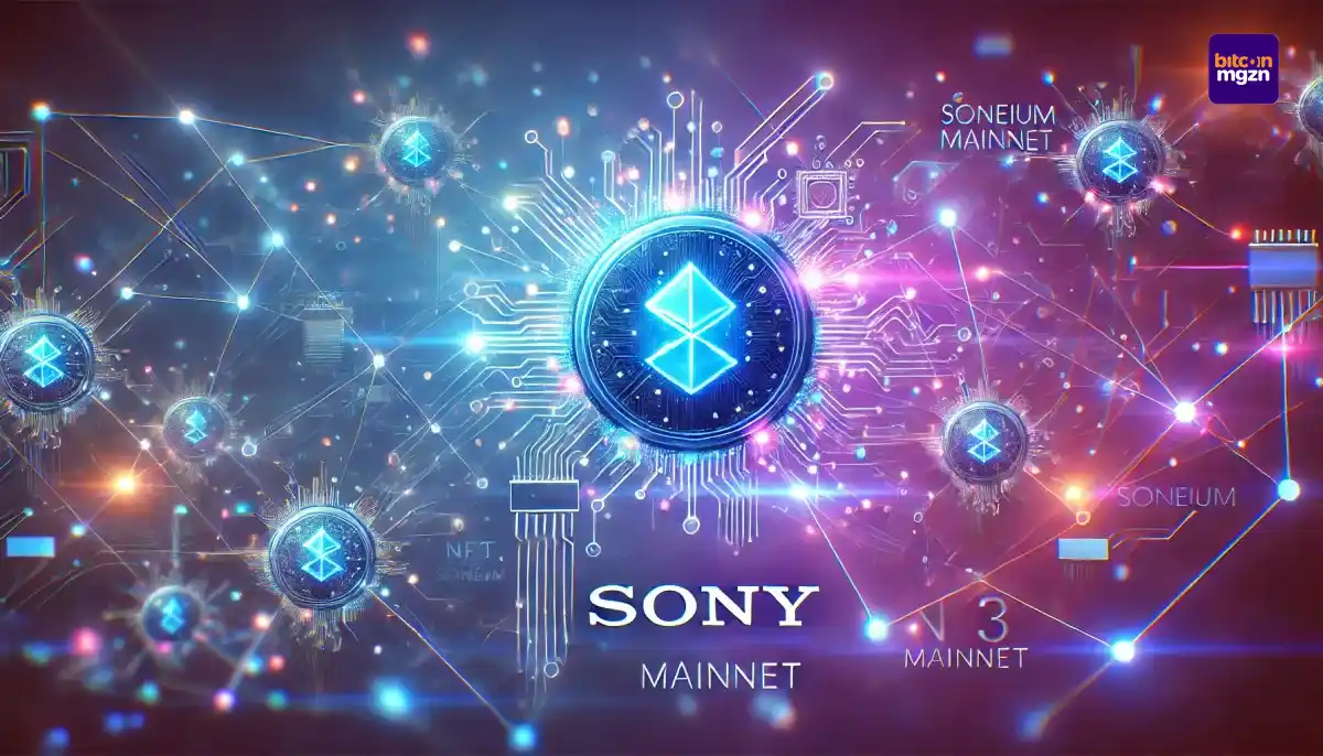 Futuristisch blockchain netwerk met focus op Sony Soneium en Web3-technologie, schaalbaarheid en innovatie.