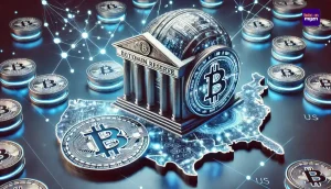 Abstracte weergave van een Amerikaanse Bitcoin-reserve met een digitale kluis, blockchain-netwerken en een kaart van de VS.