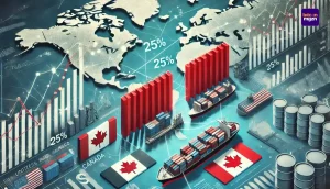 Handelsspanningen door Trump’s 25% importtarief op Canada en Mexico met visuele weergave van scheepvaart en economische impact.