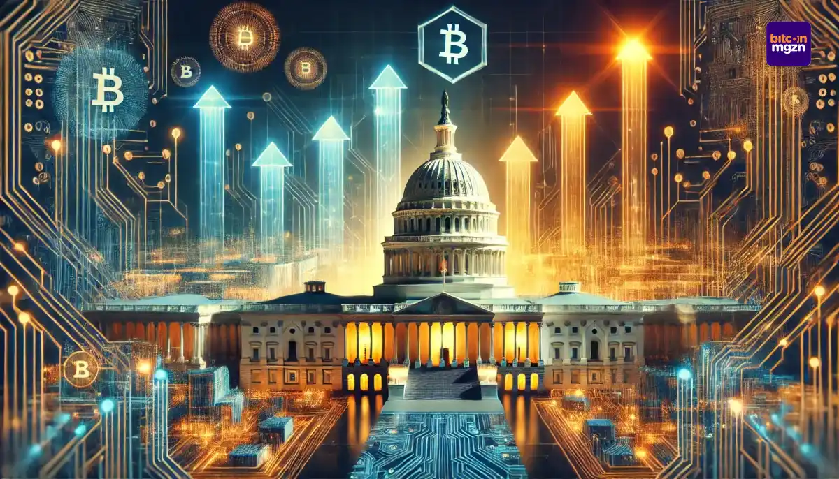 Abstracte weergave van het Amerikaanse Capitool en digitale netwerken, benadrukt Trumps focus op crypto als beleidsprioriteit