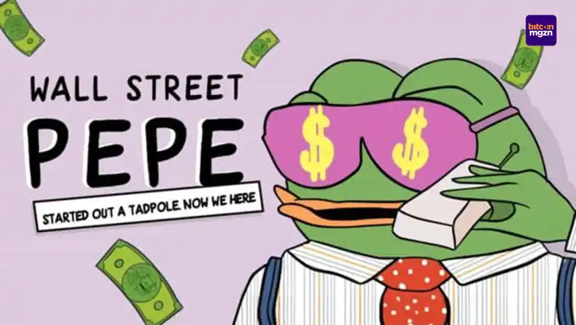 Abstracte afbeelding van een financiële dashboard met een kikker, trading signalen en netwerkconnecties, passend bij Wall Street Pepe.