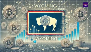 Wyoming-vlag gecombineerd met digitale netwerken die de strategische Bitcoinreserve en financiële innovatie vertegenwoordigen.