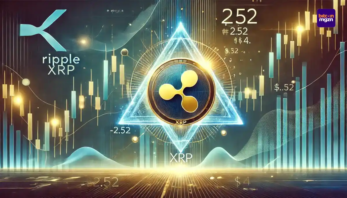 XRP driehoekspatroon met candlestick-grafieken en focus op koersniveaus $2,52 en $4,20 voor marktanalyse.