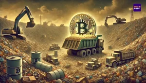 Een stortplaats met een verlichte Bitcoin en een harde schijf, symbool voor verloren cryptovaluta.