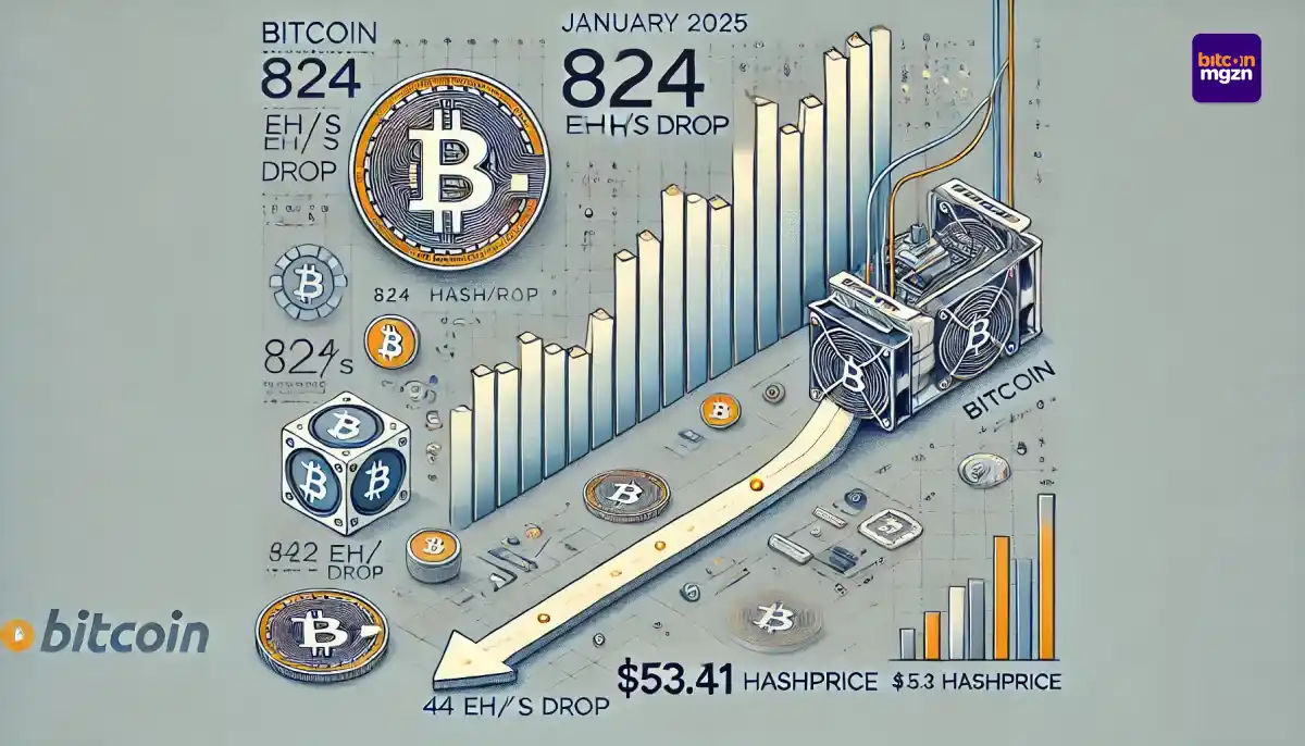 Grafiek van bitcoin’s dalende hashrate in januari 2025, met een samenvatting van de impact op mining inkomsten en hashprice.