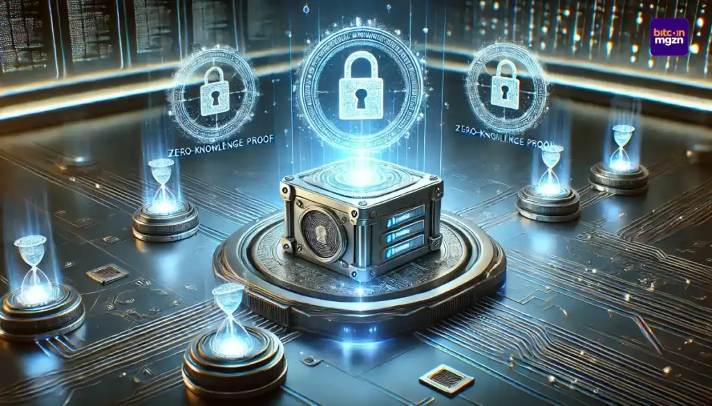 Een futuristisch digitaal netwerk met zero-knowledge proof symbolen en een Goldshell AE BOX geïnspireerde miner die beveiligd licht uitstraalt.