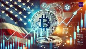 Symbolische weergave van de Truth.Fi Bitcoin ETF met Bitcoin en Amerikaanse vlag als achtergrond.