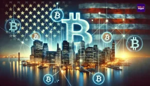 Futuristische Amerikaanse skyline met digitale Bitcoin-elementen en blockchain-netwerken die de integratie van Bitcoin in staatsreserves tonen.