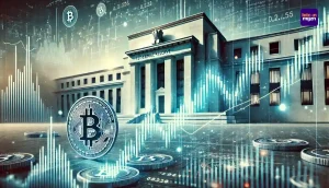 Bitcoin koersdaling door stijgende inflatie in de VS, met een financiële grafiek en de Federal Reserve op de achtergrond.