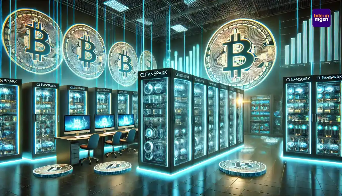 Futuristische Bitcoin-miningfaciliteit met digitale Bitcoin-symbolen en geavanceerde serverracks.