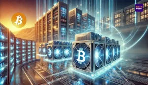 Futuristische Bitcoin mining-faciliteit van Bitdeer met geavanceerde datacenters en efficiënte energiebeheer in een winterlandschap.