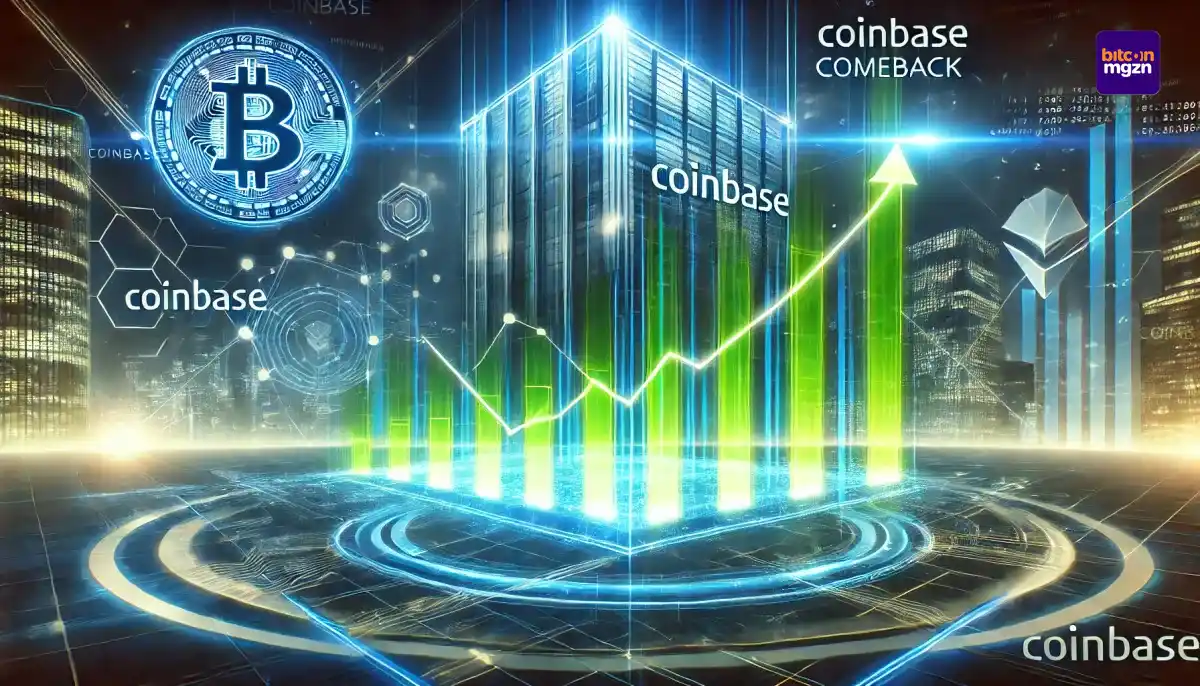 Coinbase-marktherstel met stijgende financiële grafiek en blockchain-netwerkverbindingen in een futuristische digitale omgeving.