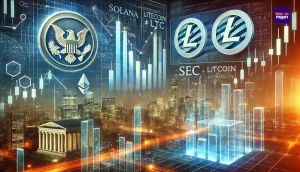 Digitale beursgrafiek met Solana en Litecoin, fluctuerende trends en SEC-regulering in een futuristische marktomgeving.