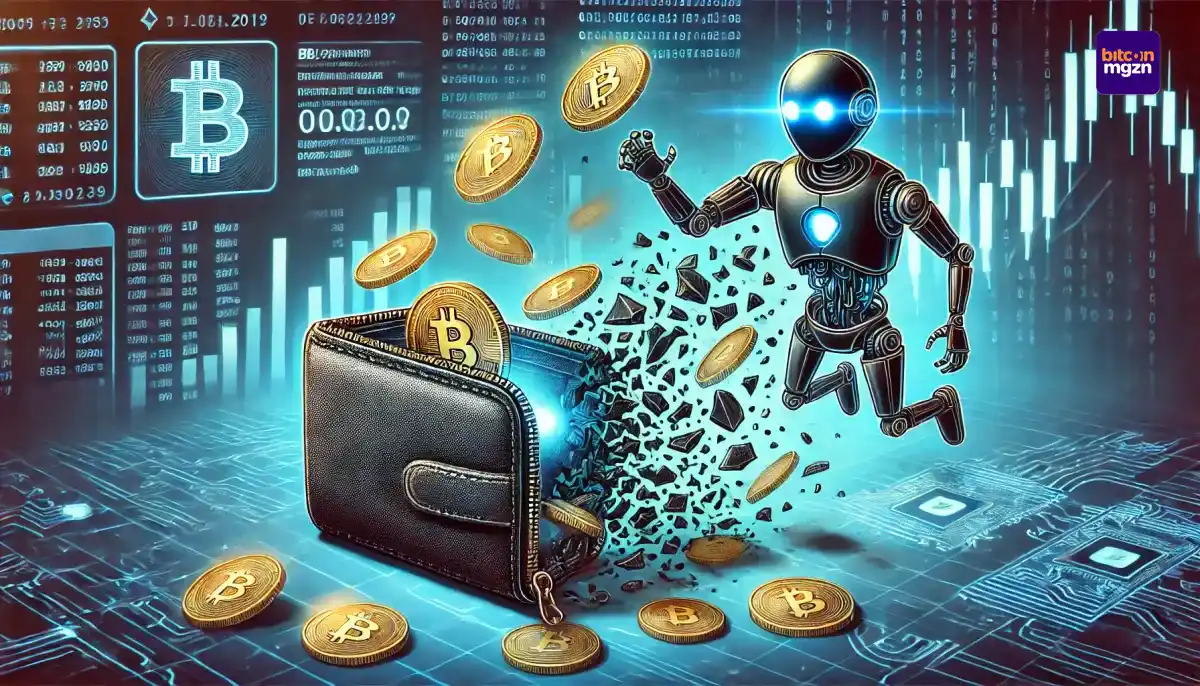 Een digitale wallet verliest cryptocurrency terwijl een MEV-bot waarde extraheert, met verdwijnende munten en blockchain-code op de achtergrond.