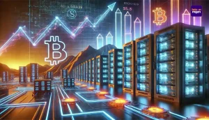 Futuristische weergave van Bitcoin-mining met datacenters, blockchain-netwerken en financiële groei, gerelateerd aan Grayscale ETF