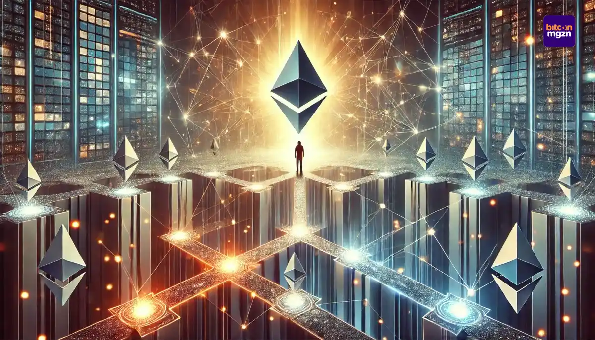 Ethereum Foundation in conflict met verdeeld leiderschap en governance-uitdagingen, gesymboliseerd door een splitsing in blockchainstructuren