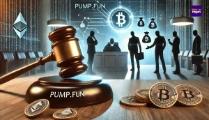 Conceptuele afbeelding van een rechtszaak tegen Pump.fun, met een hamer boven digitale munten en zakenlieden die geld uitwisselen in een blockchain-gethematiseerde rechtbank.