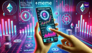 Een mobiele telefoon met een geavanceerde handelsinterface voor memecoins, met real-time grafieken en Solana-elementen, gehouden in een neonverlichte omgeving.