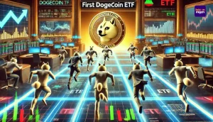 Bedrijven strijden in een futuristische financiële race om de eerste Dogecoin ETF te lanceren, met digitale handelsgrafieken en Dogecoin-symbolen.