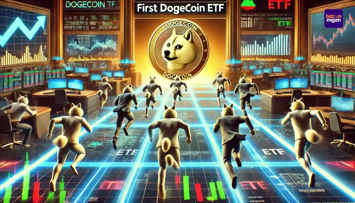 Bedrijven strijden in een futuristische financiële race om de eerste Dogecoin ETF te lanceren, met digitale handelsgrafieken en Dogecoin-symbolen.