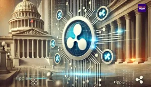 Digitale netwerkweergave met Ripple-thema, symboliserend de potentiële invloed van Ripple's CEO op Amerikaanse crypto-regelgeving.