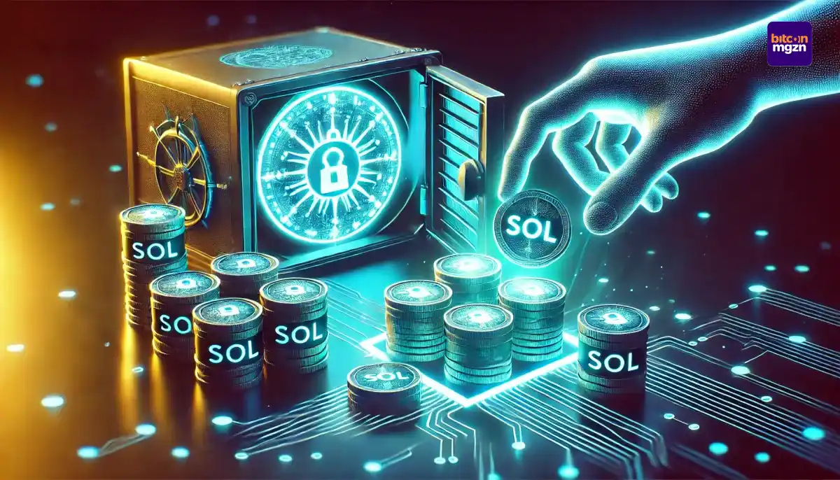 Digitale weergave van Solana (SOL) tokens die worden vergrendeld in liquiditeitspools, met een futuristisch blockchain-thema.