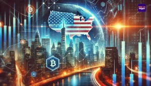 'Futuristische stad met blockchain-netwerken die Trumps crypto beleid en economische groei symboliseren