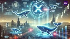 Stijgende XRP koers met bullish grafiek en whale-symbolen, duidend op groeiende institutionele investeringen en marktoptimisme.