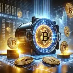 ARK Invest breidt Bitcoin-portefeuille uit met grote investering, weergegeven als digitale kluis met gloeiende munten en marktdynamiek.