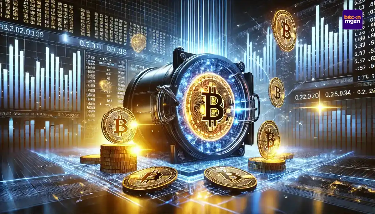 ARK Invest breidt Bitcoin-portefeuille uit met grote investering, weergegeven als digitale kluis met gloeiende munten en marktdynamiek.