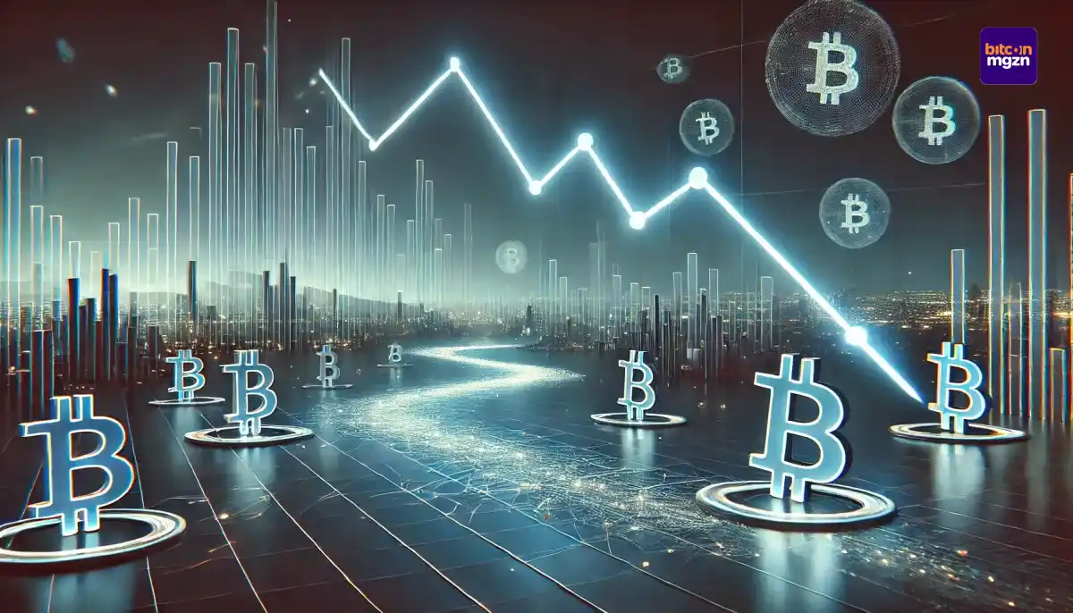 Futuristisch beeld van dalend Bitcoin transactievolume 2025 met lege datawegen en neerwaartse grafieklijn