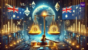 Futuristische balans tussen de Amerikaanse crypto-reserve, Australische regelgeving en China's onzekere houding met vlaggen en digitale munten.