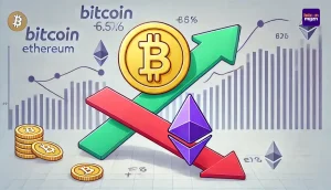 Bitcoin ETF instroom groeit met stijgende pijl, terwijl Ethereum ETF daalt met neerwaartse trend en rode pijl.