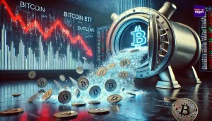 Grote uitstroom van kapitaal uit Bitcoin ETF's weergegeven met een futuristisch financieel landschap en dalende markttrends.