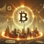 Bitcoin koersverwachting 2025 met stijgende waarde gesymboliseerd door een opkomend Bitcoin-symbool boven een digitale stad