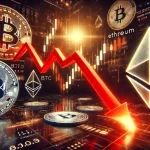 Bitcoin en Ethereum dalen met rode pijlen en marktgrafieken na de aankondiging van een strategische Bitcoinreserve door de VS.