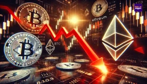 Bitcoin en Ethereum dalen met rode pijlen en marktgrafieken na de aankondiging van een strategische Bitcoinreserve door de VS.